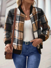 Load image into Gallery viewer, Plus Size Plaid Baseball Collar Zip Up Jacket