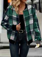 Load image into Gallery viewer, Plus Size Plaid Baseball Collar Zip Up Jacket