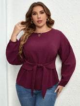 Load image into Gallery viewer, Plus Size Round Neck Tie Waist Long Sleeve Blouse