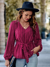 Load image into Gallery viewer, V-Neck Tie Waist Long Sleeve Blouse