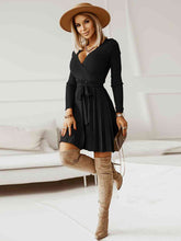 Load image into Gallery viewer, Surplice Neck Tie Front Pleated Sweater Dress
