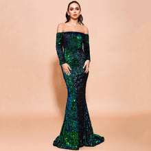 Load image into Gallery viewer, Off-the-Shoulder Long Sleeve Sequin Gown

