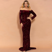 Load image into Gallery viewer, Off-the-Shoulder Long Sleeve Sequin Gown
