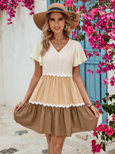 Load image into Gallery viewer, Color Block V-Neck Flutter Sleeve Mini Dress
