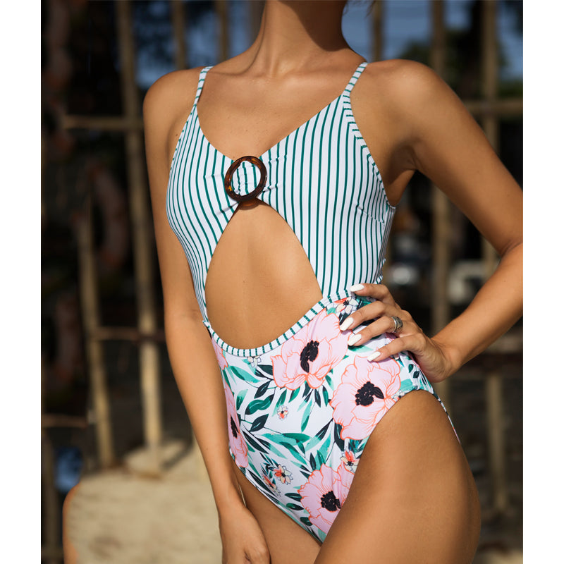 Mixed Print Cut-Out One-Piece Swimsuit
