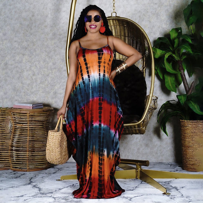 Tie-Dyed Printed Loose Strap Long Plus Size Dress