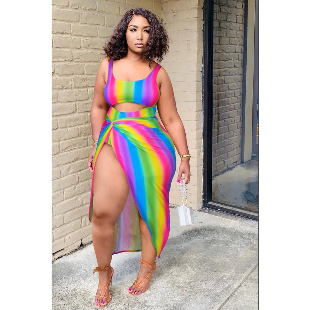 Rainbow Striped One-Piece Swimsuit with Cover-Up